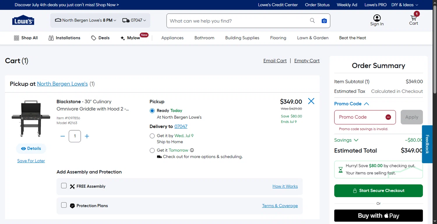Lowe's promo code screenshot showing code savings applied at Lowe's checkout page. Uploaded by SimplyCodes community member LlonardoLotes on Jul 4, 2025