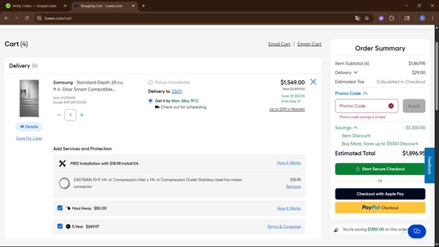 Lowe's checkout page showing Lowe's promo code box | Screenshot taken by SimplyCodes community member on May 18, 2025