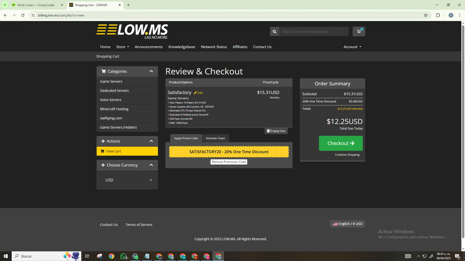 LOW.MS promo code screenshot showing code SATISFACTORY20 applied at LOW.MS checkout page. Uploaded by SimplyCodes community member CashScholar6568 on Apr 8, 2025