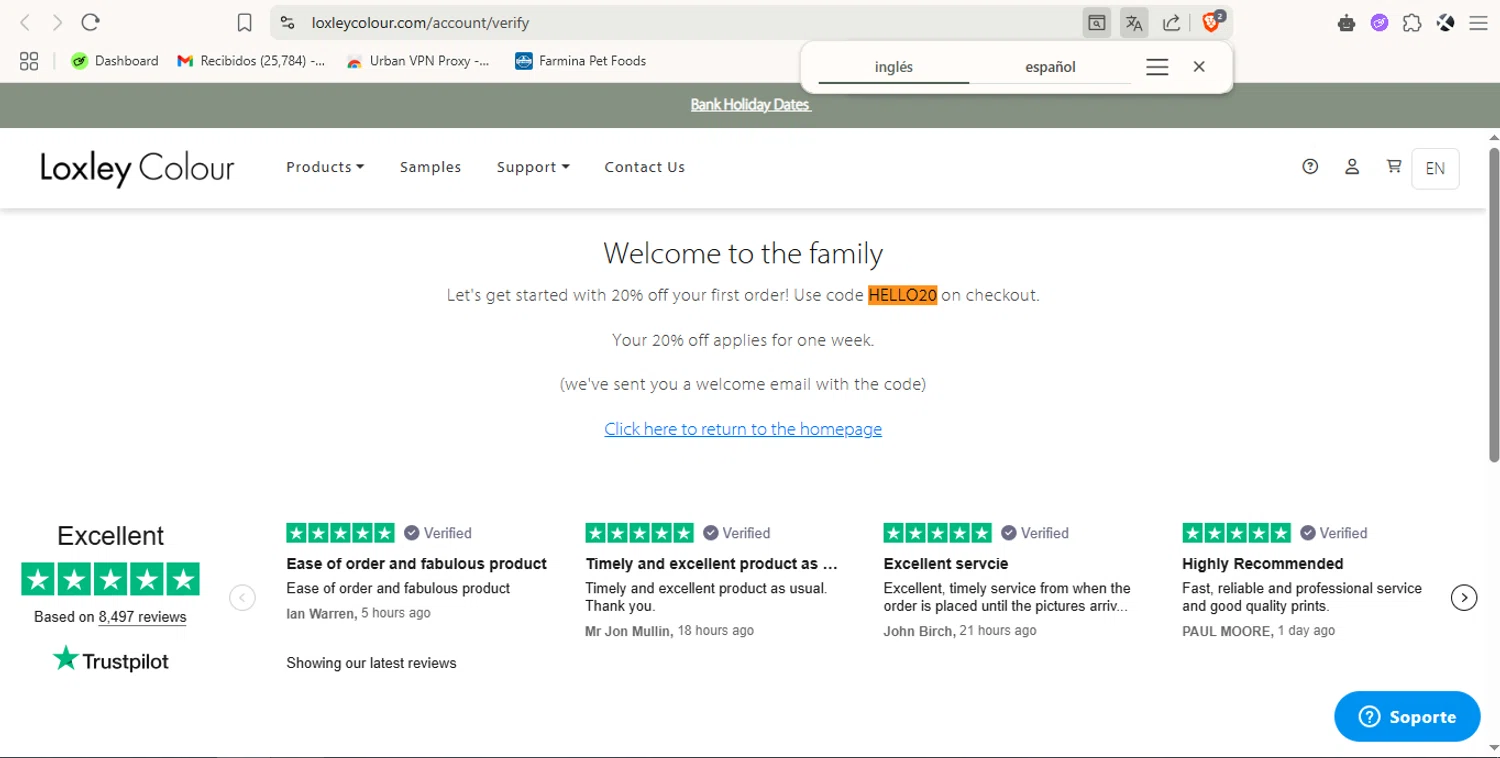 Loxley Colour promo code screenshot showing code HELLO20 applied at Loxley Colour checkout page. Uploaded by SimplyCodes community member cuponbara on Apr 30, 2025