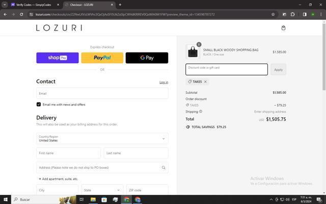 LOZURI checkout page showing LOZURI discount code box | Screenshot taken by SimplyCodes community member on Mar 6, 2024