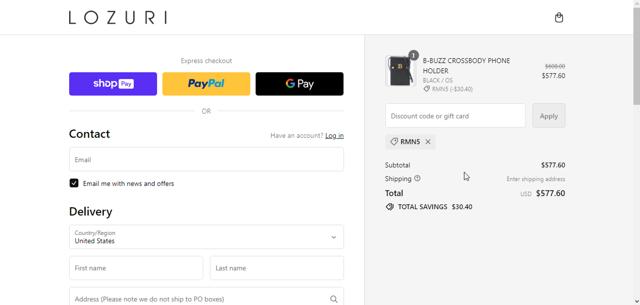LOZURI checkout page showing LOZURI discount code box | Screenshot taken by SimplyCodes community member on Jan 10, 2024