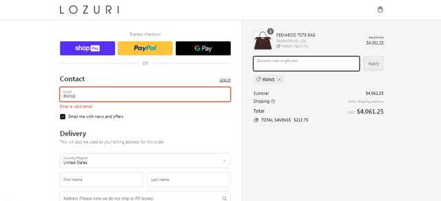 LOZURI checkout page showing LOZURI discount code box | Screenshot taken by SimplyCodes community member on Mar 5, 2024