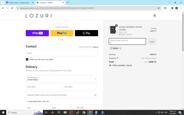 LOZURI checkout page showing LOZURI discount code box | Screenshot taken by SimplyCodes community member on Feb 8, 2024