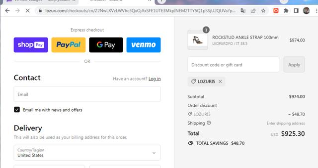 LOZURI checkout page showing LOZURI discount code box | Screenshot taken by SimplyCodes community member on Feb 21, 2024