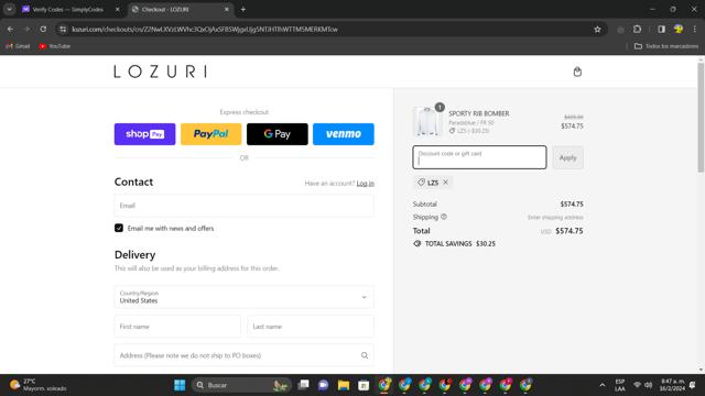 LOZURI checkout page showing LOZURI discount code box | Screenshot taken by SimplyCodes community member on Feb 16, 2024