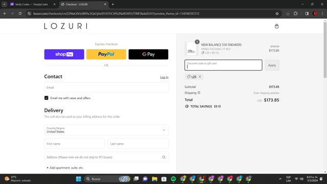 LOZURI checkout page showing LOZURI discount code box | Screenshot taken by SimplyCodes community member on Mar 5, 2024