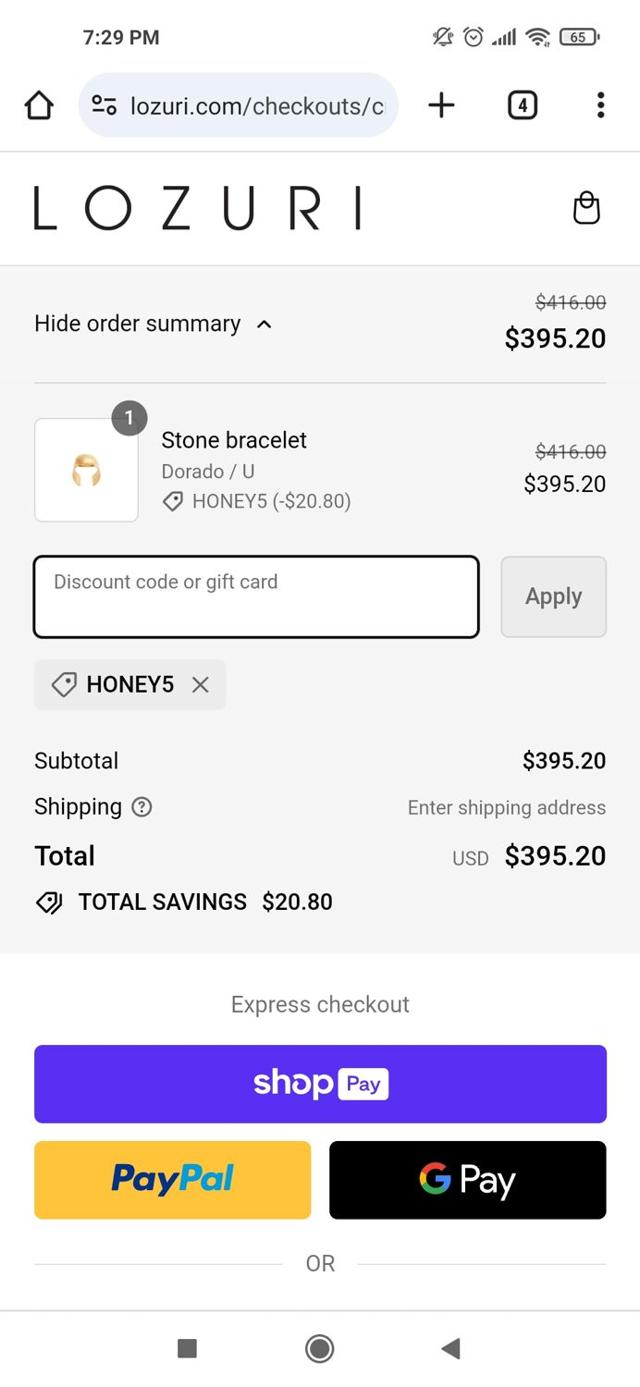 LOZURI checkout page showing LOZURI discount code box | Screenshot taken by SimplyCodes community member on Jan 26, 2024