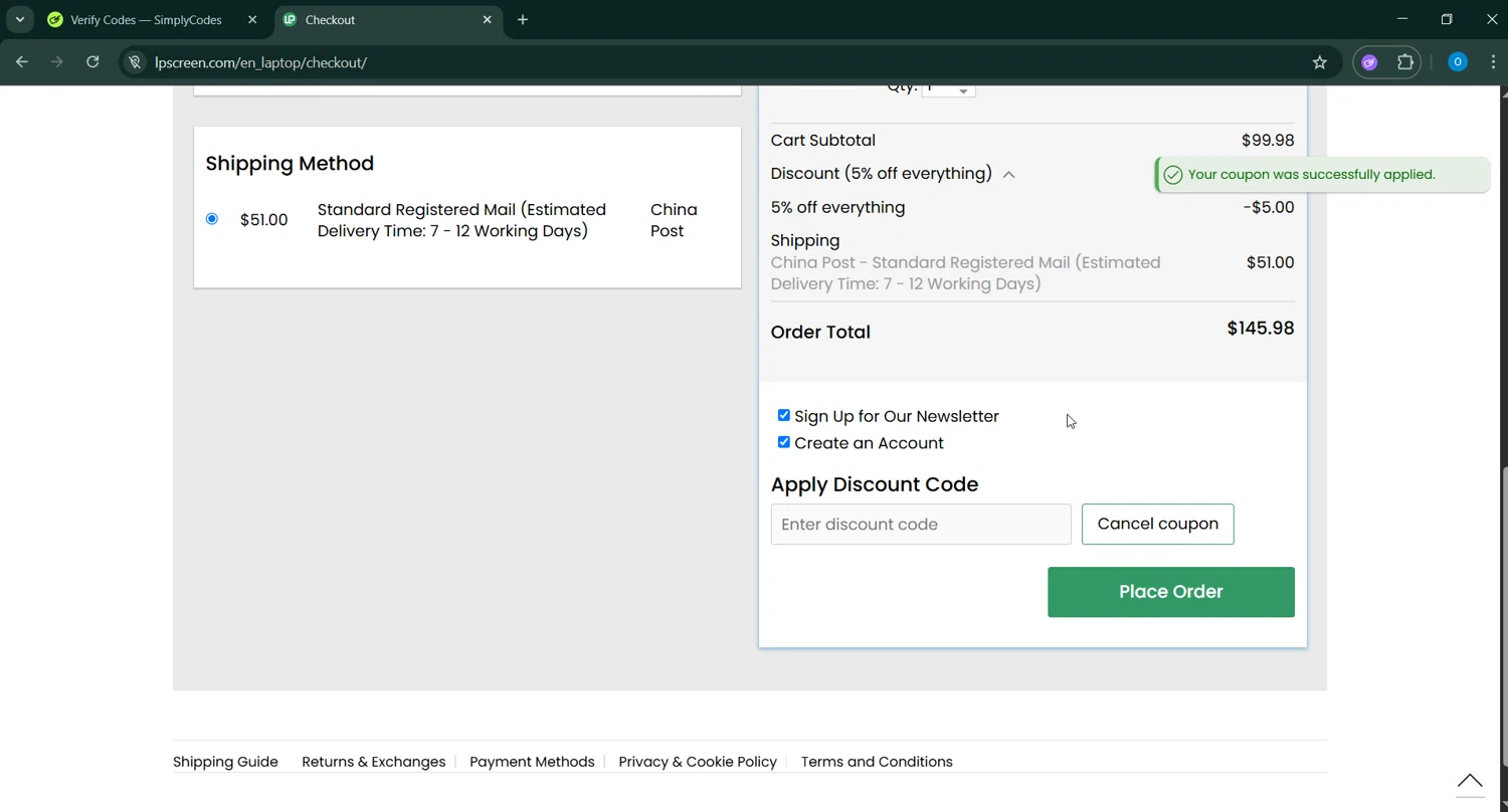LPScreen checkout page showing LPScreen promo code box | Screenshot taken by SimplyCodes community member on May 9, 2025