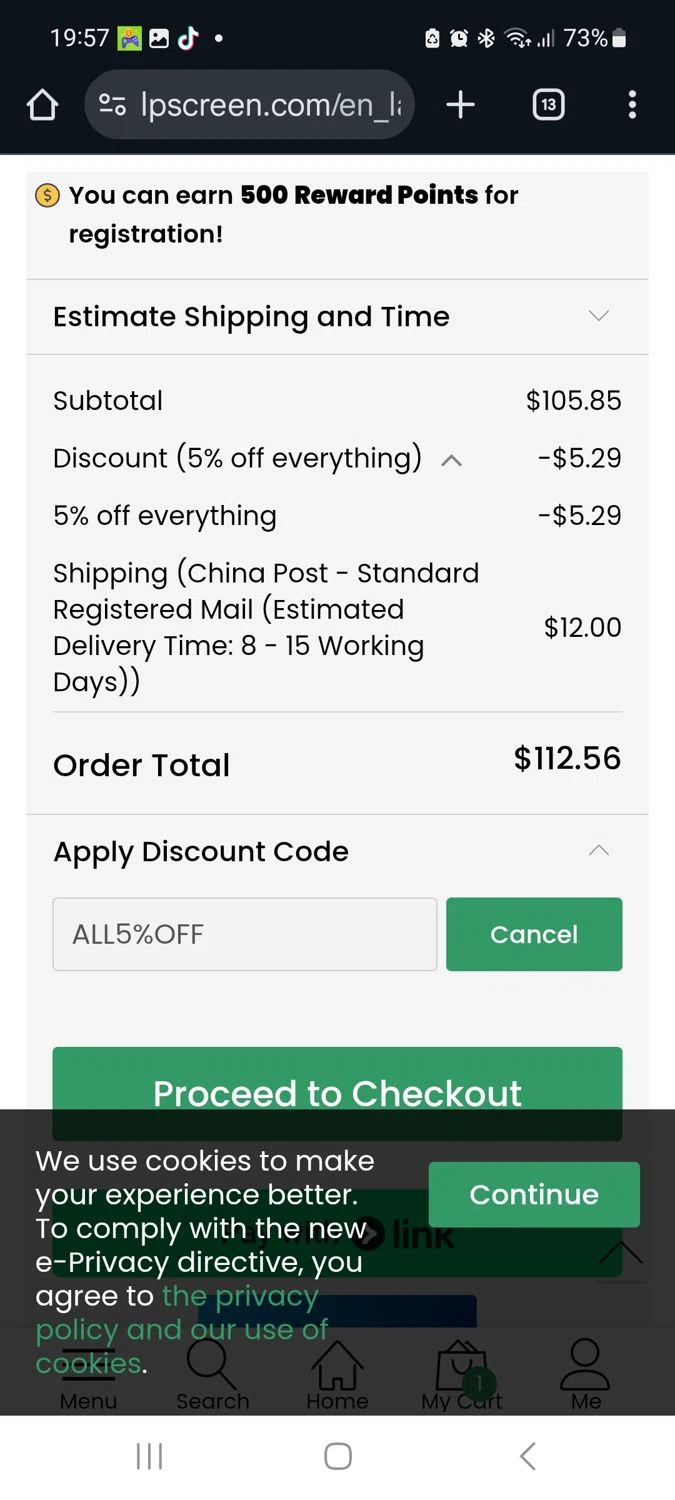 LPScreen promo code screenshot showing code ALL5%OFF applied at LPScreen checkout page. Uploaded by SimplyCodes community member yarinetyarim on Oct 30, 2025