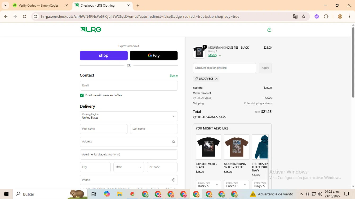 LRG Clothing discount code screenshot showing code LRGATVBC8 applied at LRG Clothing checkout page. Uploaded by SimplyCodes community member QuestOwl9632 on Oct 23, 2025
