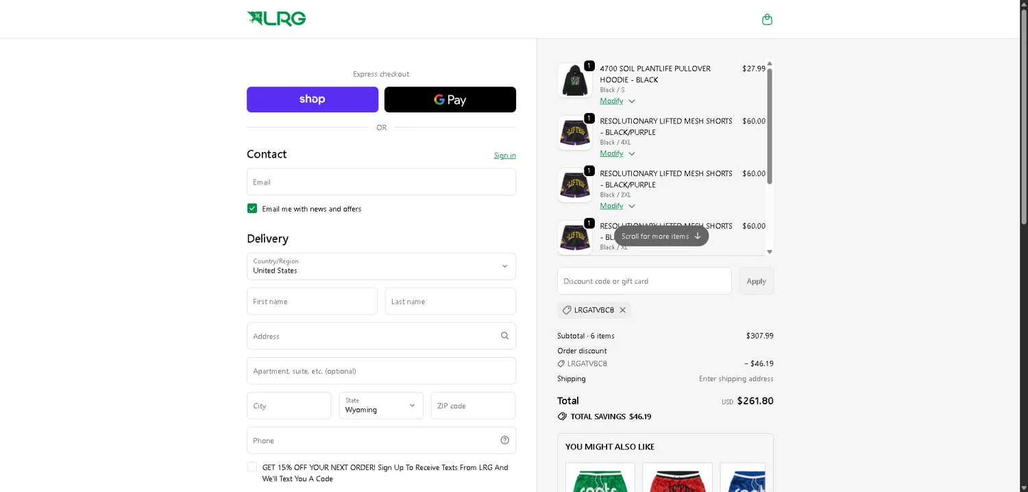 LRG Clothing discount code screenshot showing code LRGATVBC8 applied at LRG Clothing checkout page. Uploaded by SimplyCodes community member aver_136263192 on Dec 28, 2025
