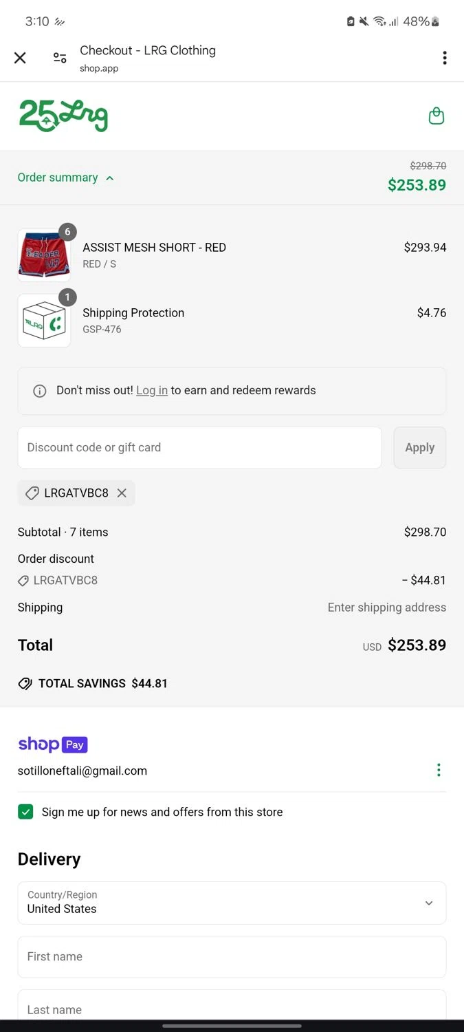 LRG Clothing discount code screenshot showing code LRGATVBC8 applied at LRG Clothing checkout page. Uploaded by SimplyCodes community member neurioandrades on Apr 10, 2025