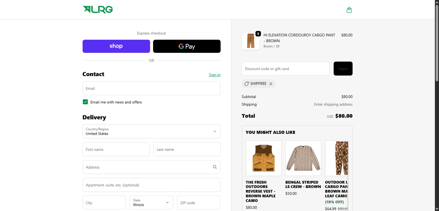 LRG Clothing discount code screenshot showing code SHIPFREE applied at LRG Clothing checkout page. Uploaded by SimplyCodes community member 1323535 on Oct 23, 2025