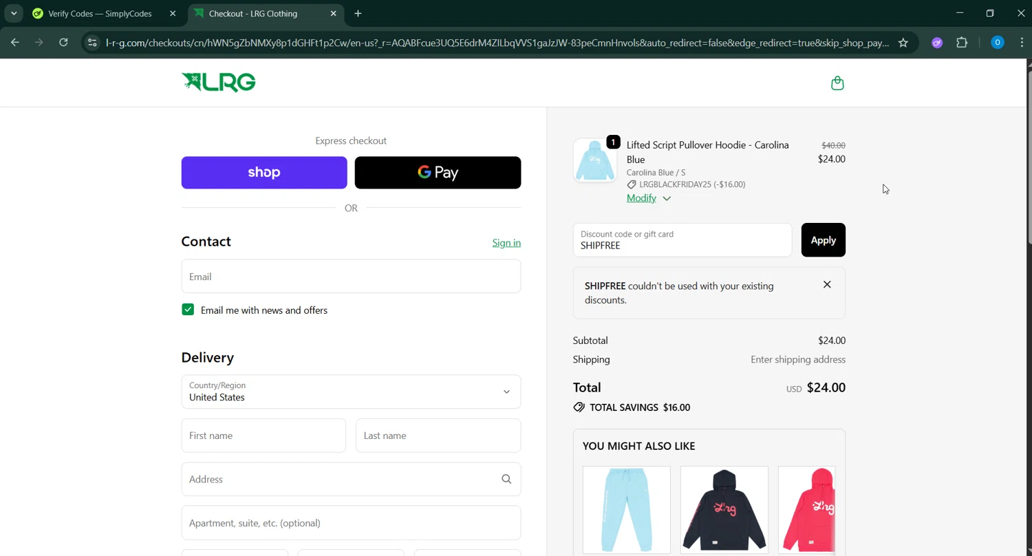 LRG Clothing discount code screenshot showing code SHIPFREE applied at LRG Clothing checkout page. Uploaded by SimplyCodes community member _____________ on Nov 25, 2025