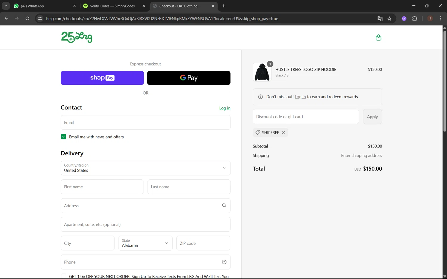 LRG Clothing discount code screenshot showing code SHIPFREE applied at LRG Clothing checkout page. Uploaded by SimplyCodes community member juanx1702 on May 10, 2025