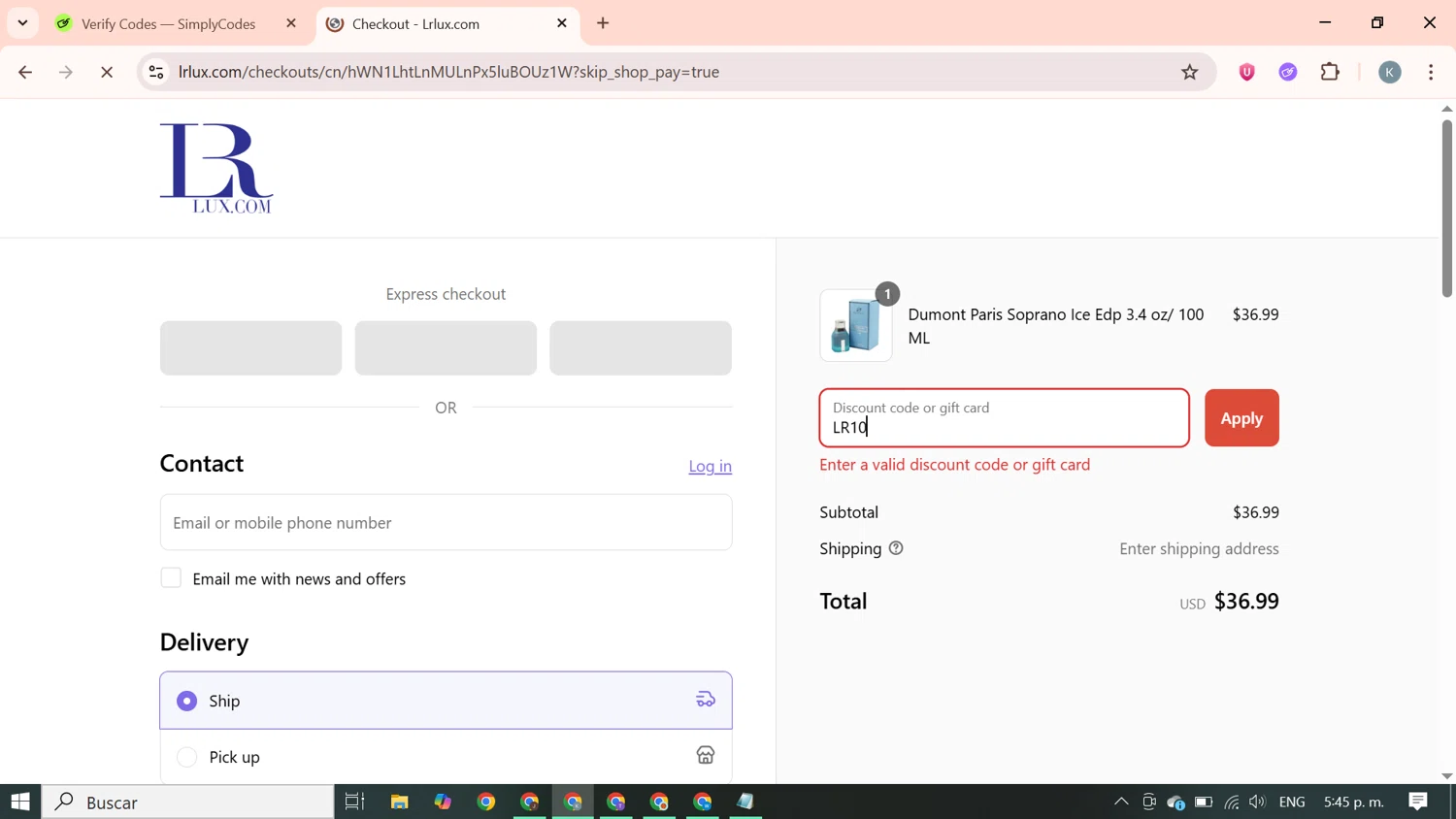 Lrlux.com promo code screenshot showing code LR10 applied at Lrlux.com checkout page. Uploaded by SimplyCodes community member SavingsBoss9912 on Aug 2, 2025
