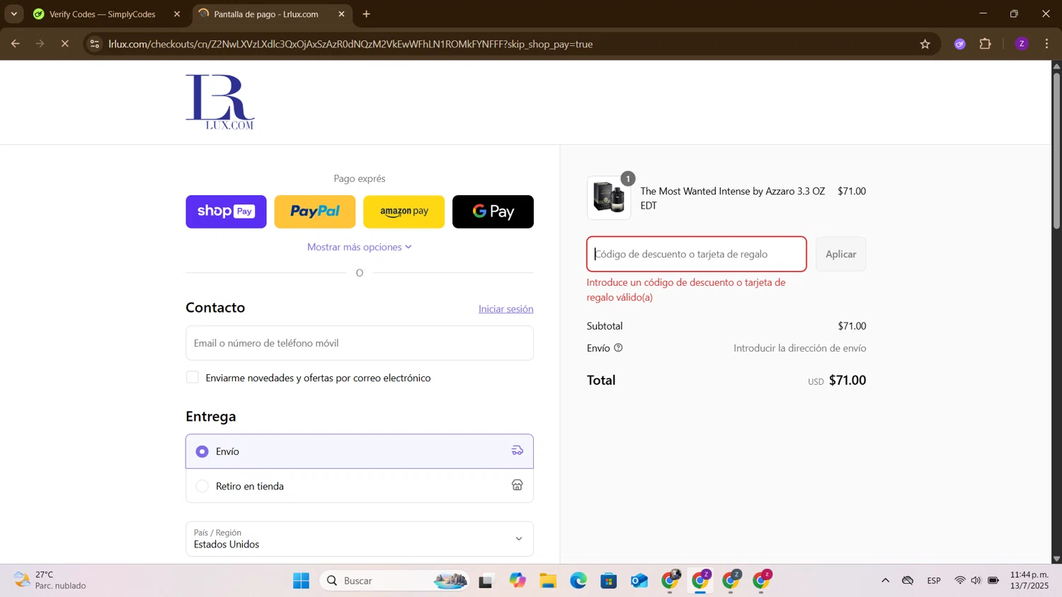 Lrlux.com promo code screenshot showing code LR10 applied at Lrlux.com checkout page. Uploaded by SimplyCodes community member zxxx27 on Jul 14, 2025