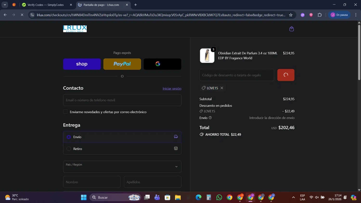 Lrlux.com checkout page showing Lrlux.com promo code box | Screenshot taken by SimplyCodes community member on Jan 26, 2026