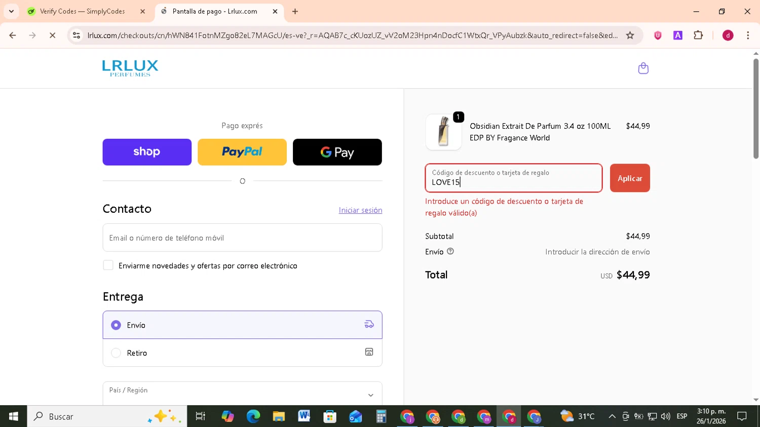Lrlux.com promo code screenshot showing code LOVE15 applied at Lrlux.com checkout page. Uploaded by SimplyCodes community member FrugalMonarch7277 on Jan 26, 2026