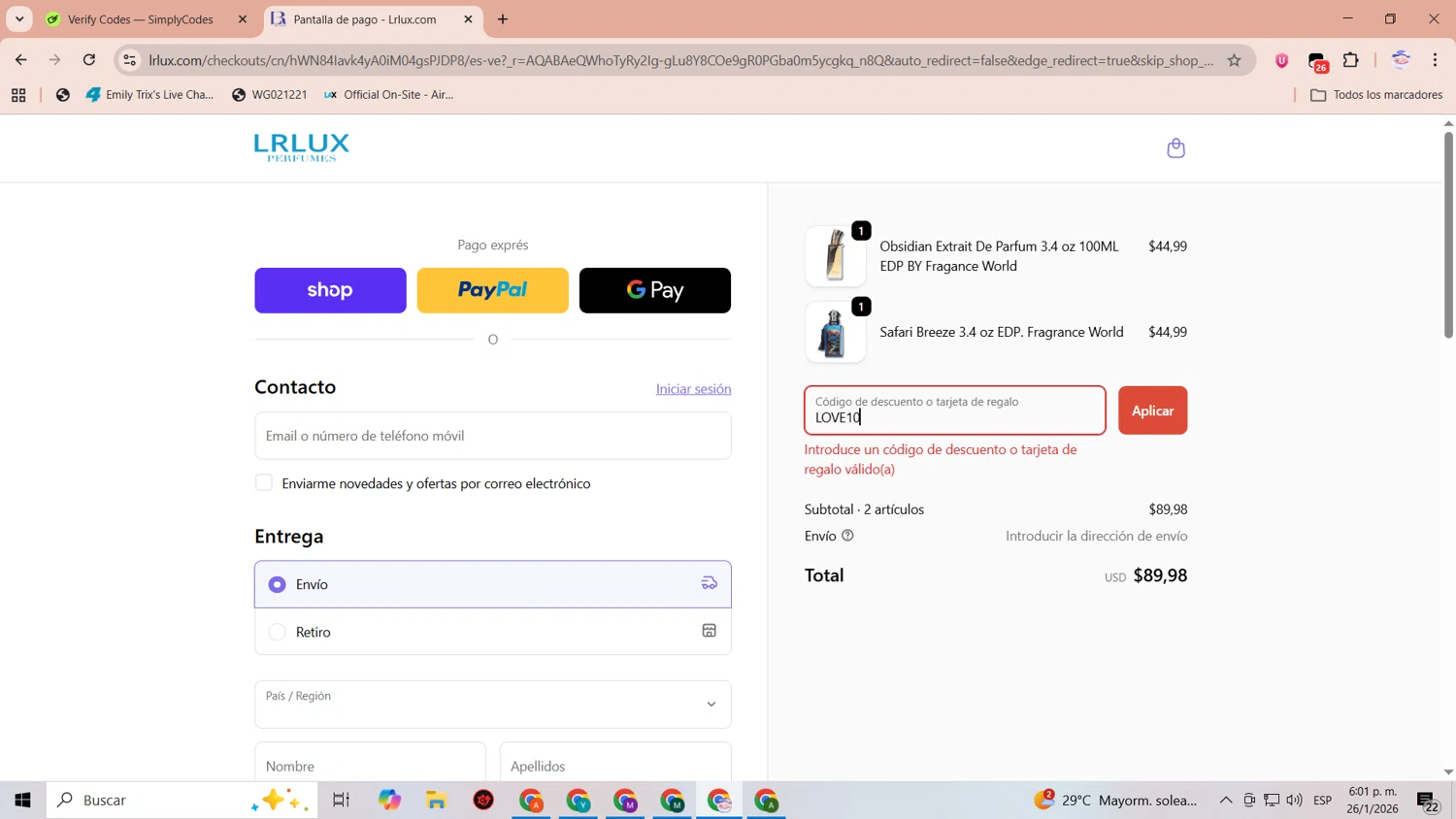 Lrlux.com promo code screenshot showing code LOVE10 applied at Lrlux.com checkout page. Uploaded by SimplyCodes community member CoinLegend1707 on Jan 26, 2026