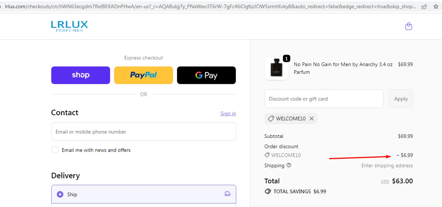 Lrlux.com promo code screenshot showing code WELCOME10 applied at Lrlux.com checkout page. Uploaded by SimplyCodes community member EMILIANOMASABE on Dec 4, 2025