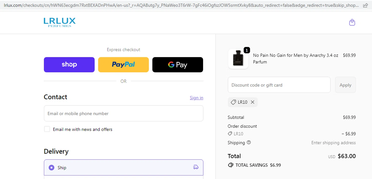Lrlux.com promo code screenshot showing code LR10 applied at Lrlux.com checkout page. Uploaded by SimplyCodes community member EMILIANOMASABE on Dec 4, 2025