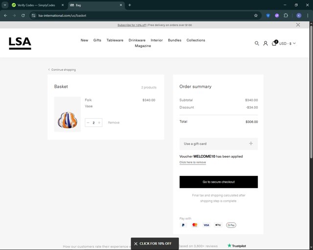 LSA International checkout page showing LSA International promo code box | Screenshot taken by SimplyCodes community member on May 1, 2025