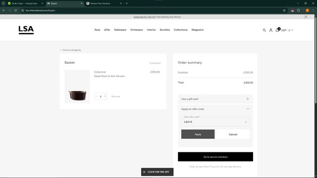 LSA International checkout page showing LSA International promo code box | Screenshot taken by SimplyCodes community member on May 16, 2025
