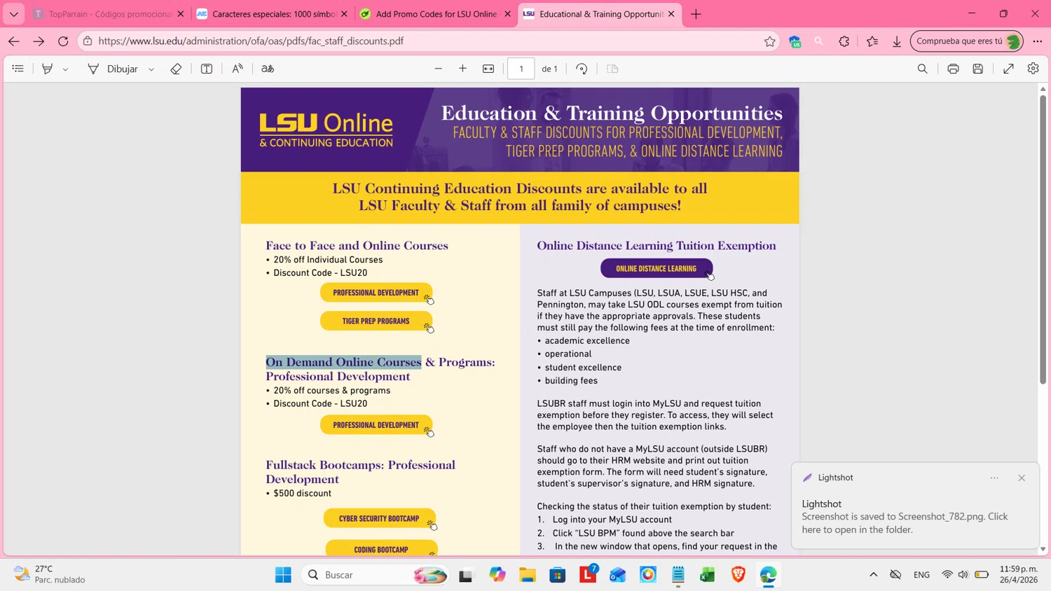 LSU Online promo code screenshot showing code LSU20 applied at LSU Online checkout page. Uploaded by SimplyCodes community member cosita on Apr 27, 2026