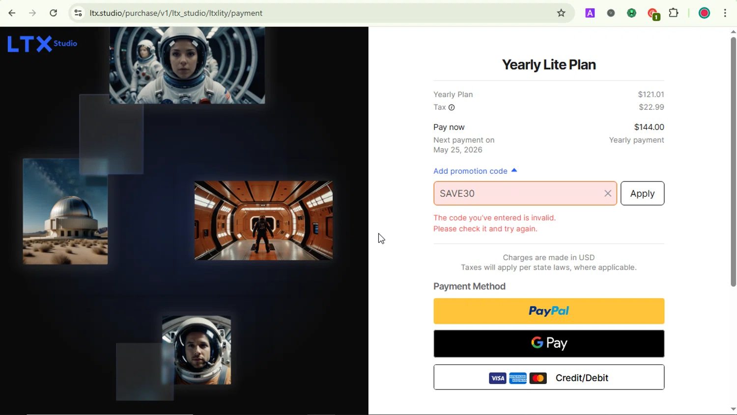 LTX Studio promo code screenshot showing code SAVE30 applied at LTX Studio checkout page. Uploaded by SimplyCodes community member LOVECOUPON on May 25, 2025