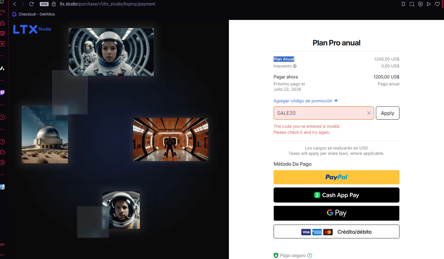LTX Studio promo code screenshot showing code SALE20 applied at LTX Studio checkout page. Uploaded by SimplyCodes community member VictorYanez on Jul 22, 2025