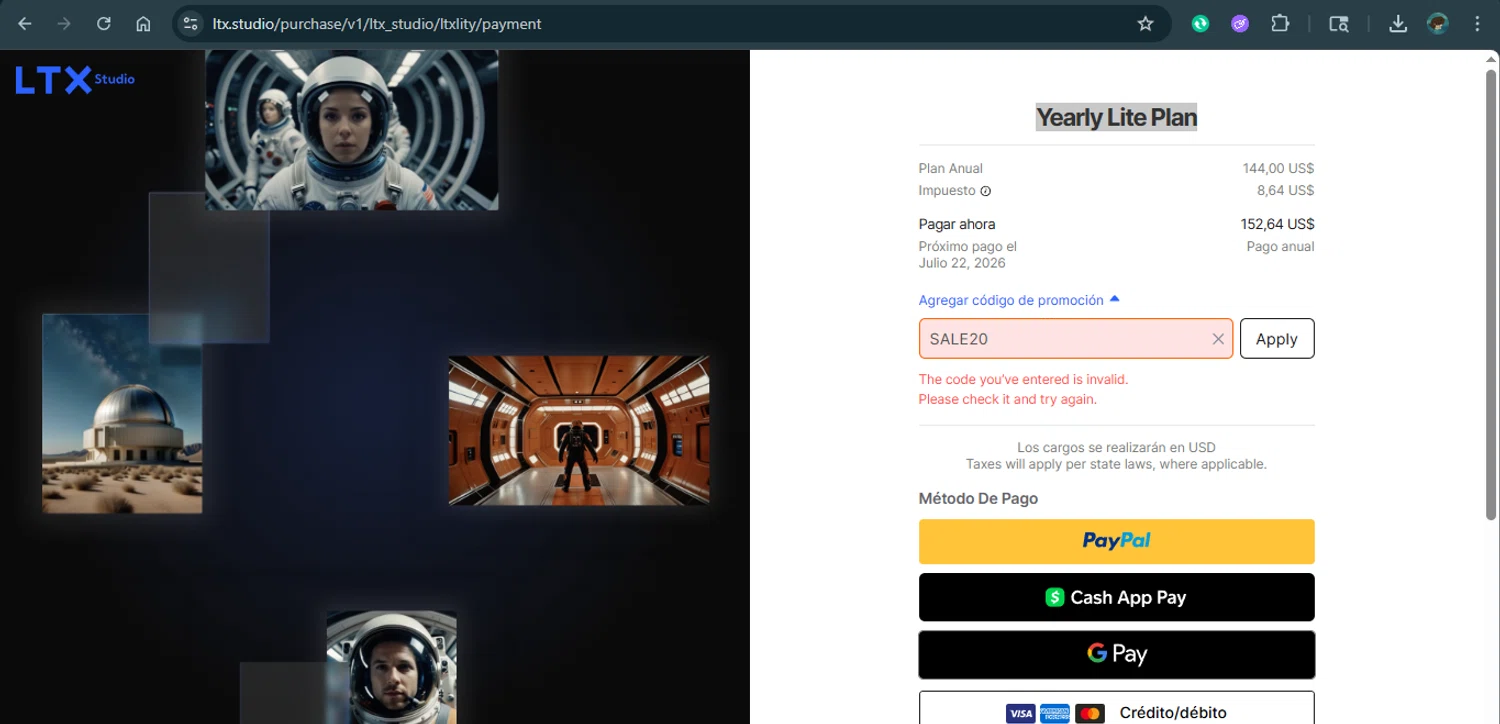 LTX Studio promo code screenshot showing code SALE20 applied at LTX Studio checkout page. Uploaded by SimplyCodes community member xAngel on Jul 22, 2025