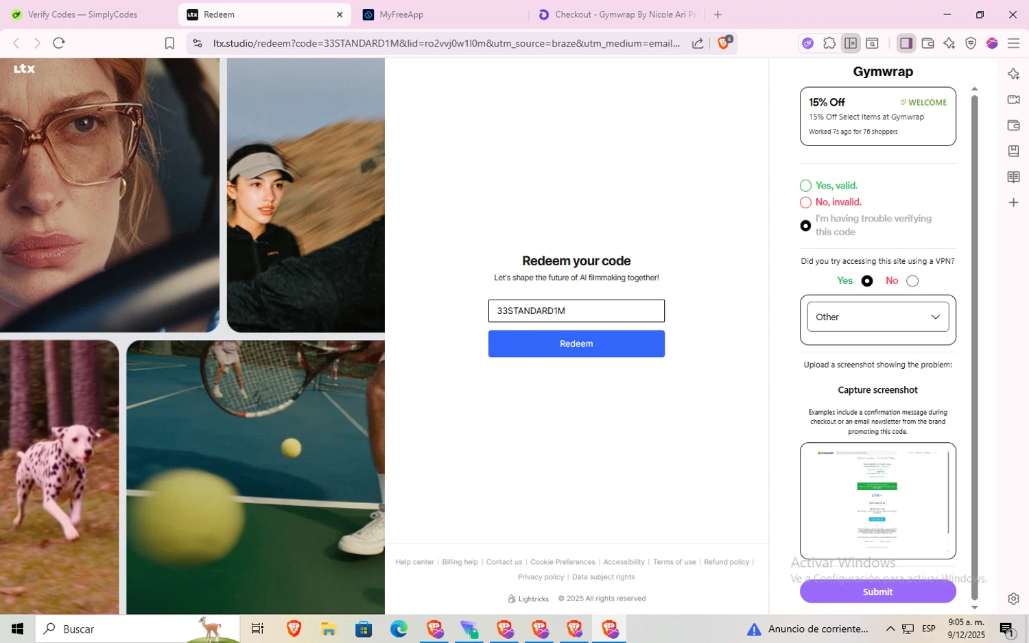 LTX Studio promo code screenshot showing code 33STANDARD1M applied at LTX Studio checkout page. Uploaded by SimplyCodes community member Doomslayer on Dec 9, 2025
