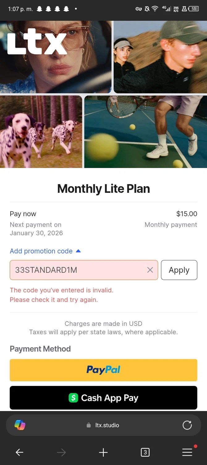 LTX Studio promo code screenshot showing code 33STANDARD1M applied at LTX Studio checkout page. Uploaded by SimplyCodes community member Nickurtdale on Dec 30, 2025