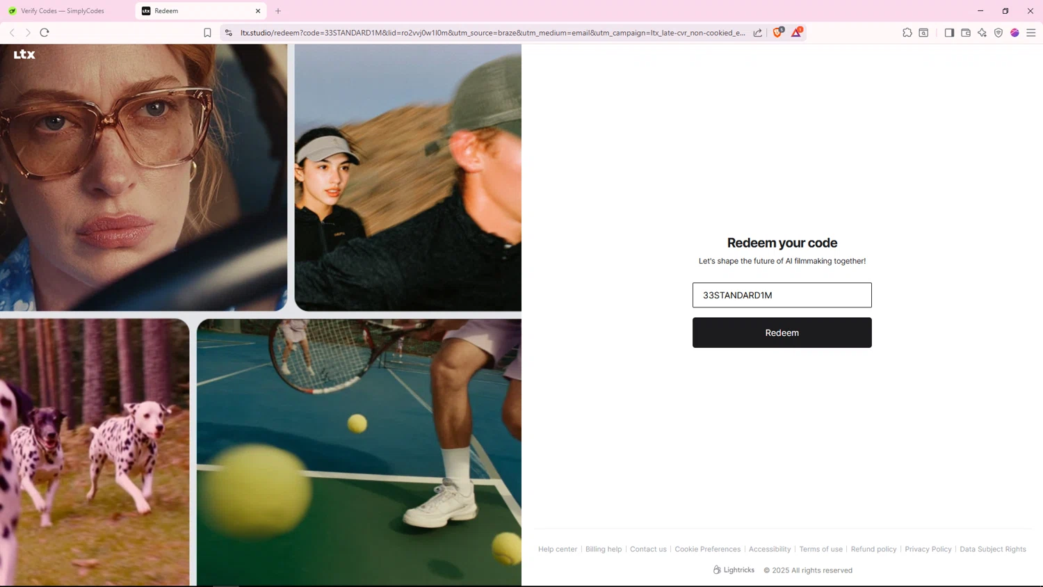 LTX Studio promo code screenshot showing code 33STANDARD1M applied at LTX Studio checkout page. Uploaded by SimplyCodes community member TheGnomo on Dec 30, 2025