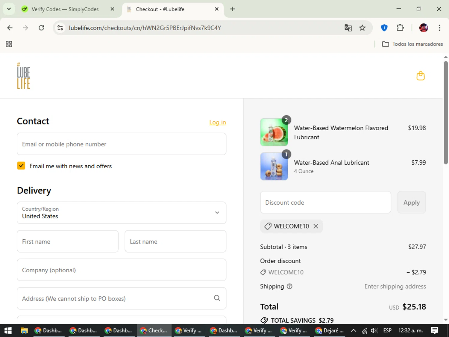 Lubelife promo code screenshot showing code WELCOME10 applied at Lubelife checkout page. Uploaded by SimplyCodes community member SavingsEagle5772 on Aug 27, 2025
