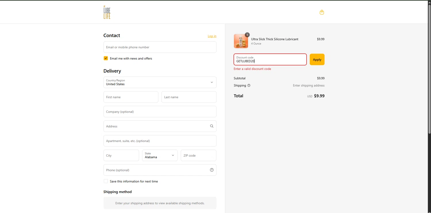 Lubelife promo code screenshot showing code GETLUBED20 applied at Lubelife checkout page. Uploaded by SimplyCodes community member RewardPhoenix3732 on Sep 4, 2025