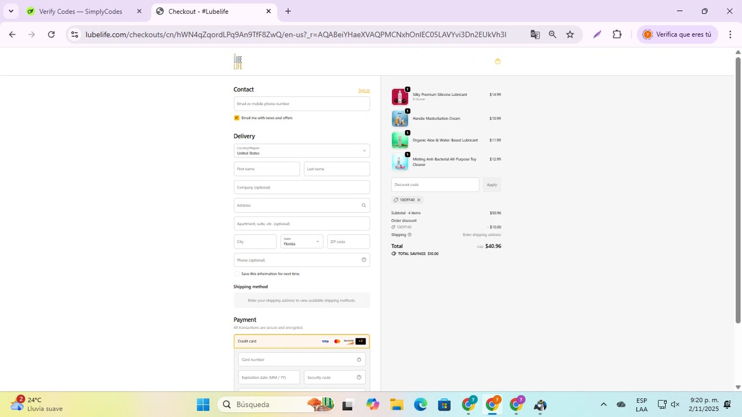 Lubelife promo code screenshot showing code 10OFF40 applied at Lubelife checkout page. Uploaded by SimplyCodes community member jesusalvarez1 on Nov 3, 2025