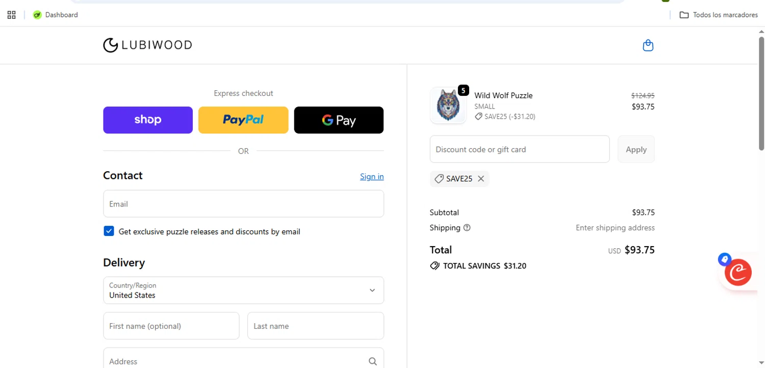 Lubiwood US promo code screenshot showing code SAVE25 applied at Lubiwood US checkout page. Uploaded by SimplyCodes community member Speedy on Jun 19, 2026