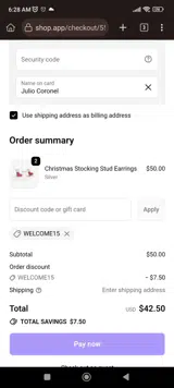 WELCOME15 coupon verification screenshot
