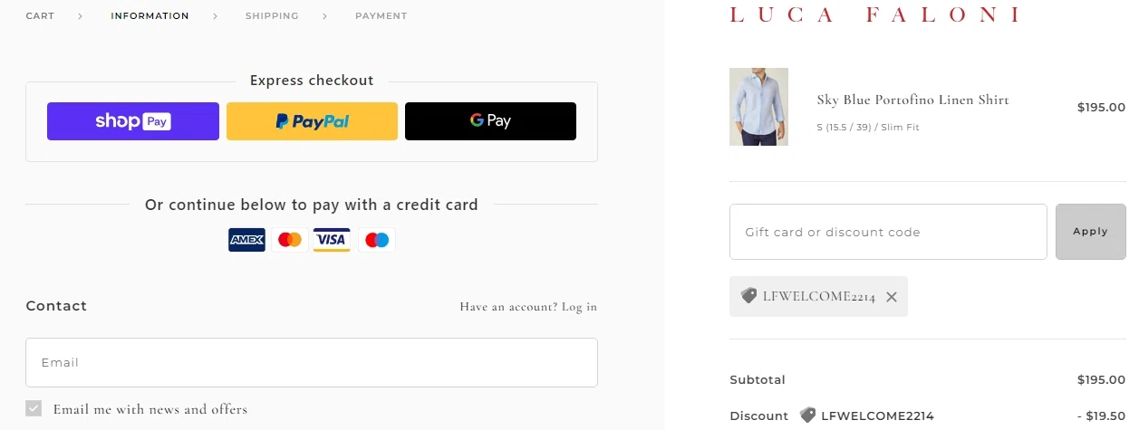 Luca Faloni checkout page showing Luca Faloni discount code box | Screenshot taken by SimplyCodes community member on Aug 20, 2023