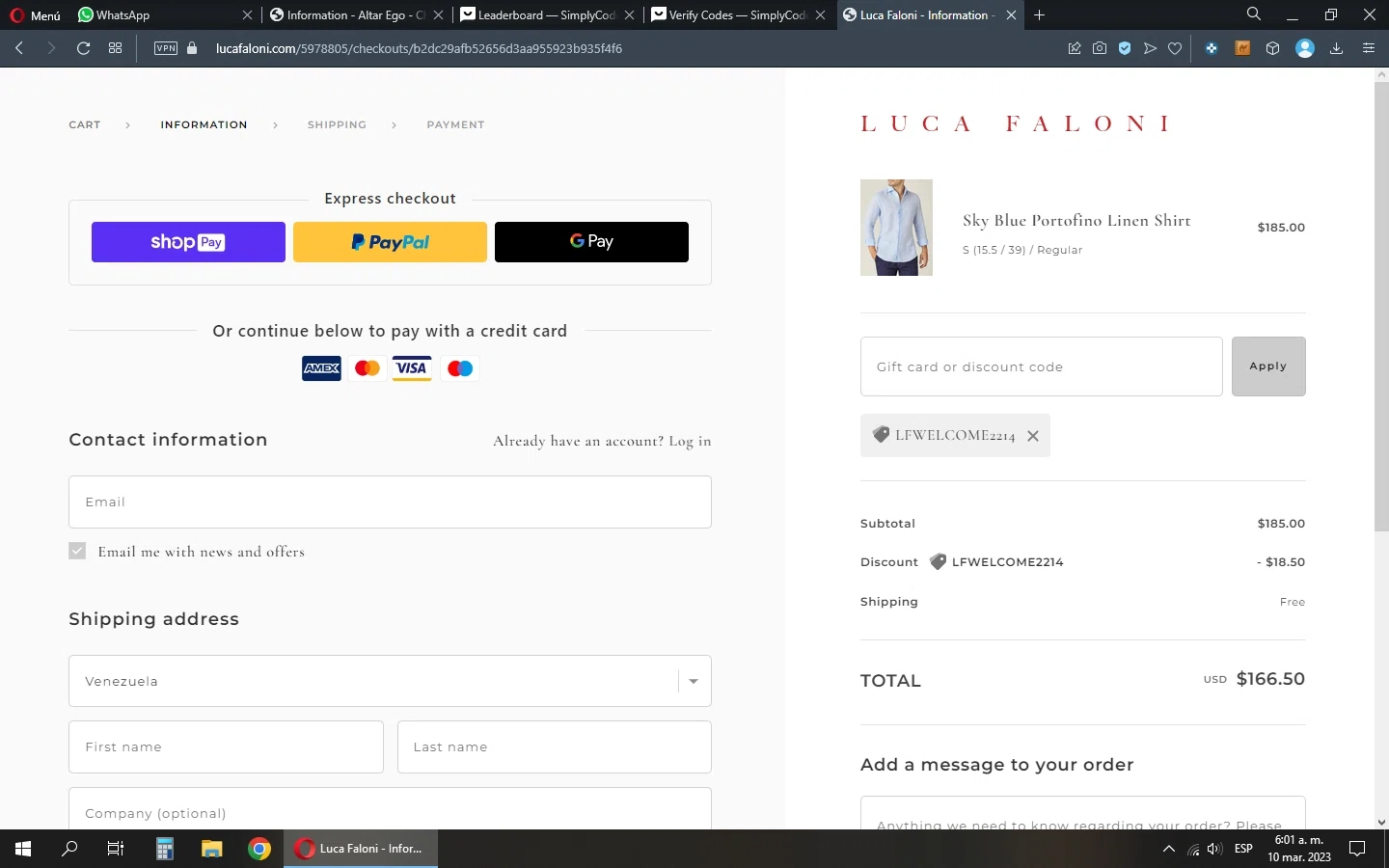 Luca Faloni checkout page showing Luca Faloni discount code box | Screenshot taken by SimplyCodes community member on Mar 10, 2023