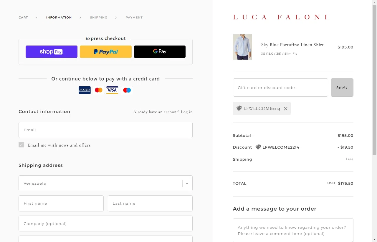 Luca Faloni checkout page showing Luca Faloni discount code box | Screenshot taken by SimplyCodes community member on May 7, 2023