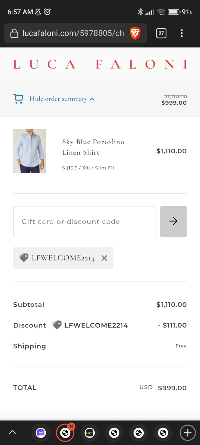 Luca Faloni checkout page showing Luca Faloni discount code box | Screenshot taken by SimplyCodes community member on Apr 8, 2023