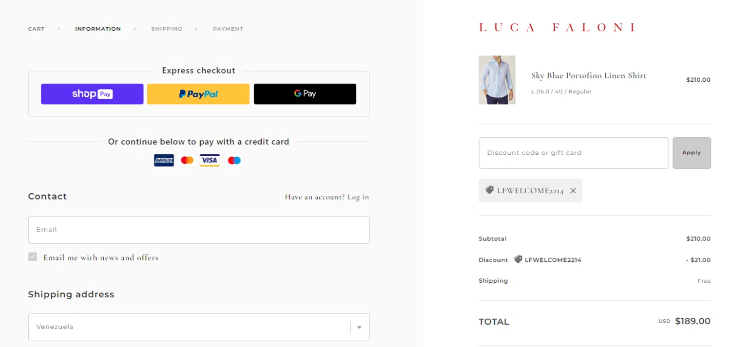 Luca Faloni checkout page showing Luca Faloni discount code box | Screenshot taken by SimplyCodes community member on Nov 23, 2023