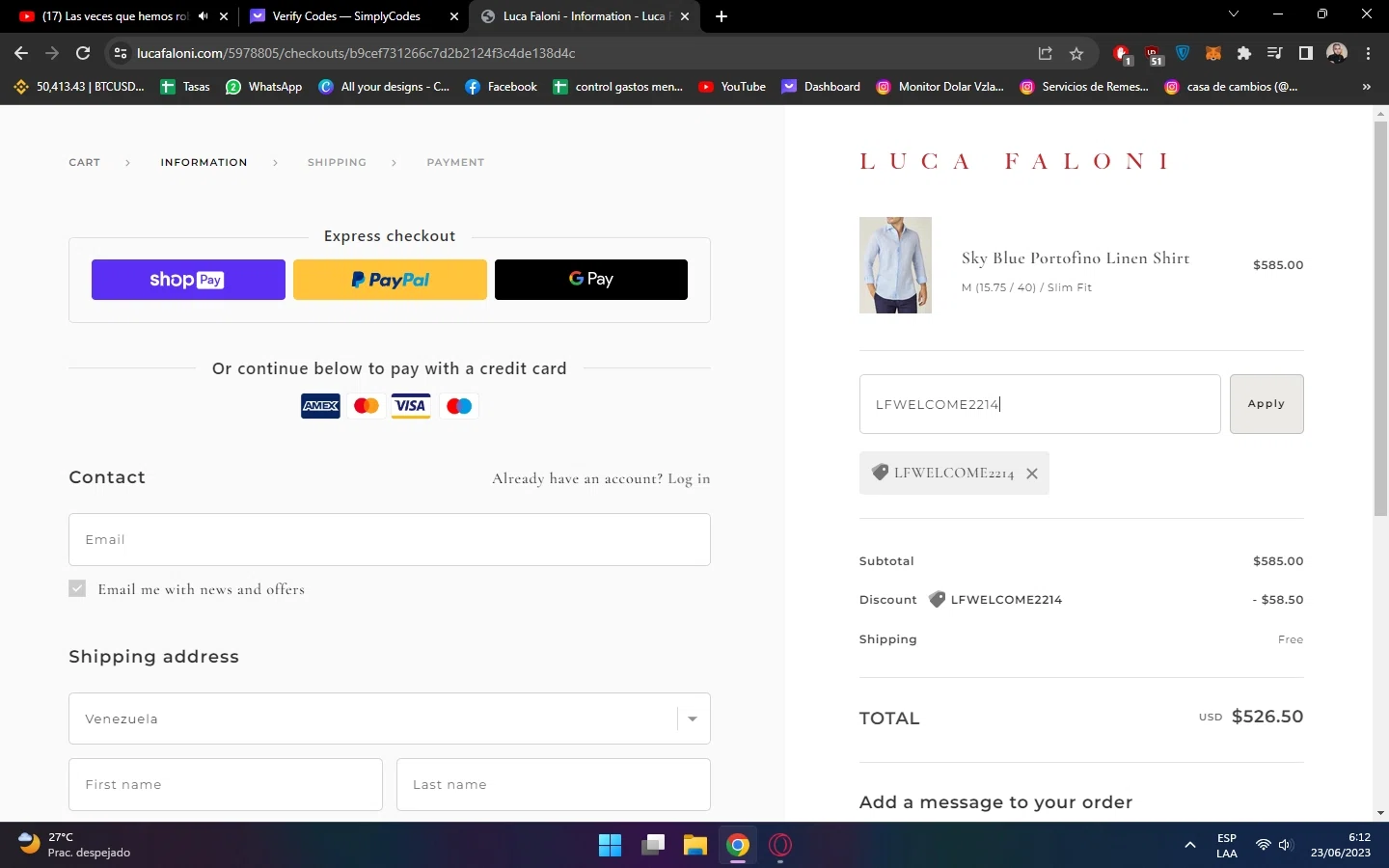 Luca Faloni checkout page showing Luca Faloni discount code box | Screenshot taken by SimplyCodes community member on Jun 23, 2023