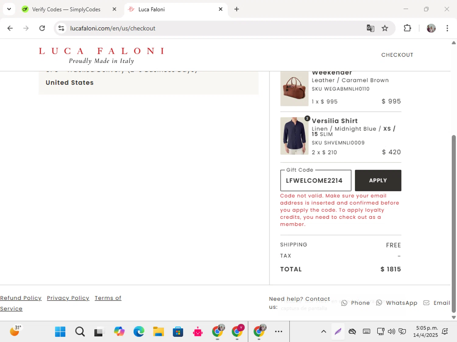Luca Faloni discount code screenshot showing code LFWELCOME2214 applied at Luca Faloni checkout page. Uploaded by SimplyCodes community member karolg on Apr 14, 2025