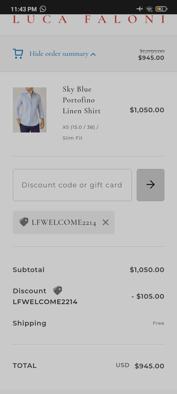 Luca Faloni checkout page showing Luca Faloni discount code box | Screenshot taken by SimplyCodes community member on Feb 19, 2024