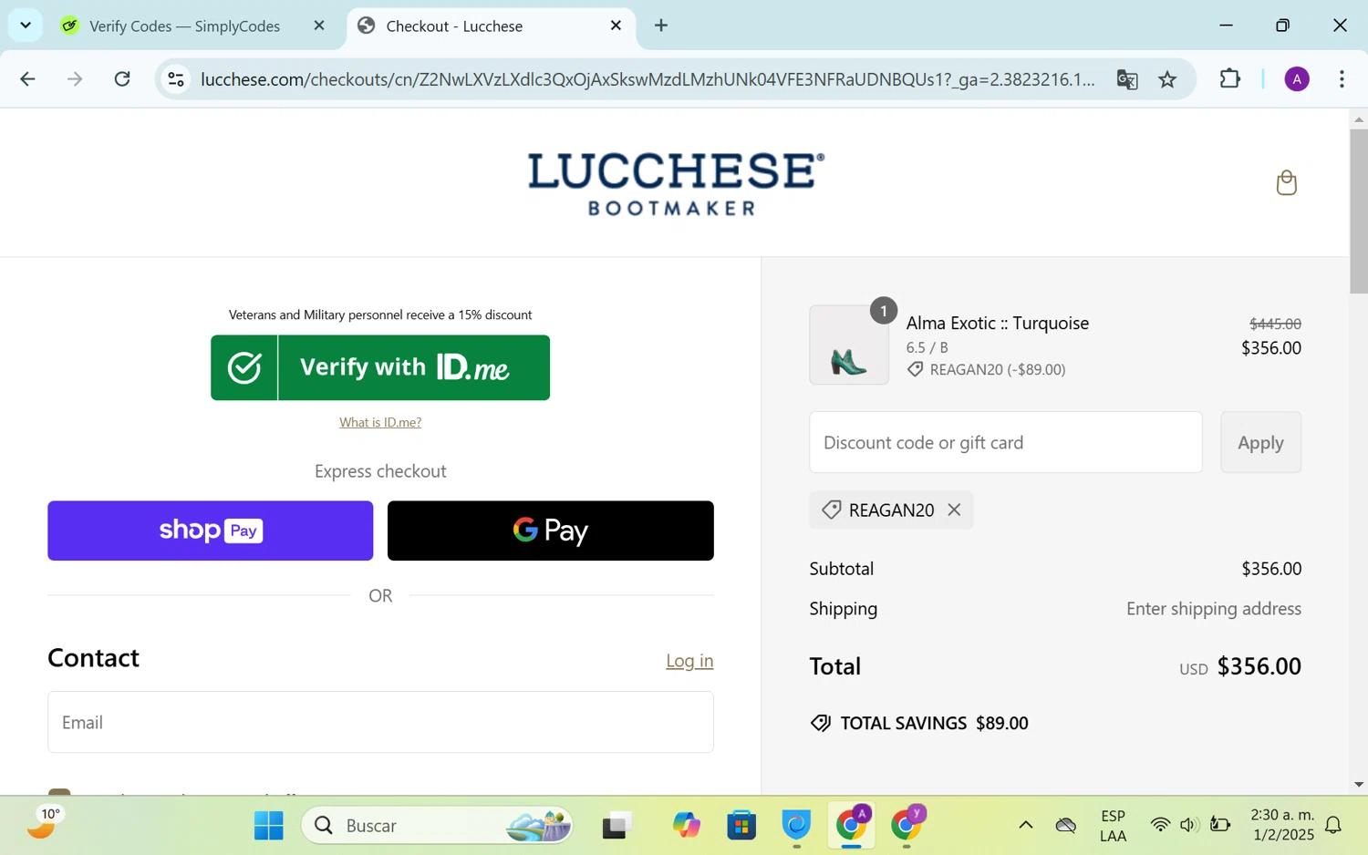 Lucchese discount code screenshot showing code REAGAN20 applied at Lucchese checkout page. Uploaded by SimplyCodes community member SEANJOHN55 on Feb 1, 2025